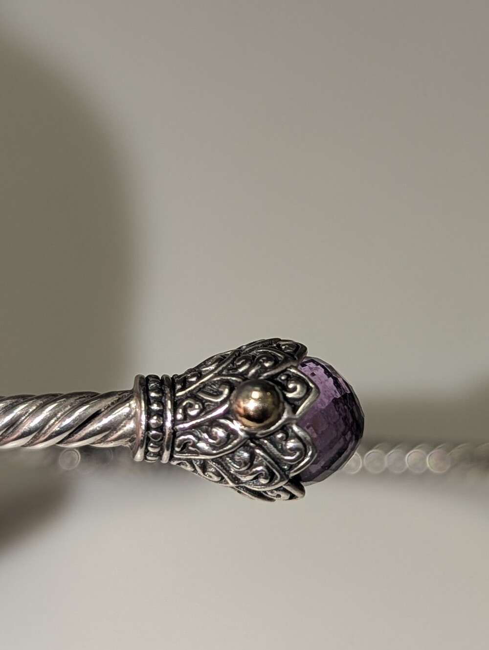 Faceted Amethyst Sterling Silver Bali Hinge Cuff with 18K Gold Accents - Picture 6 of 14